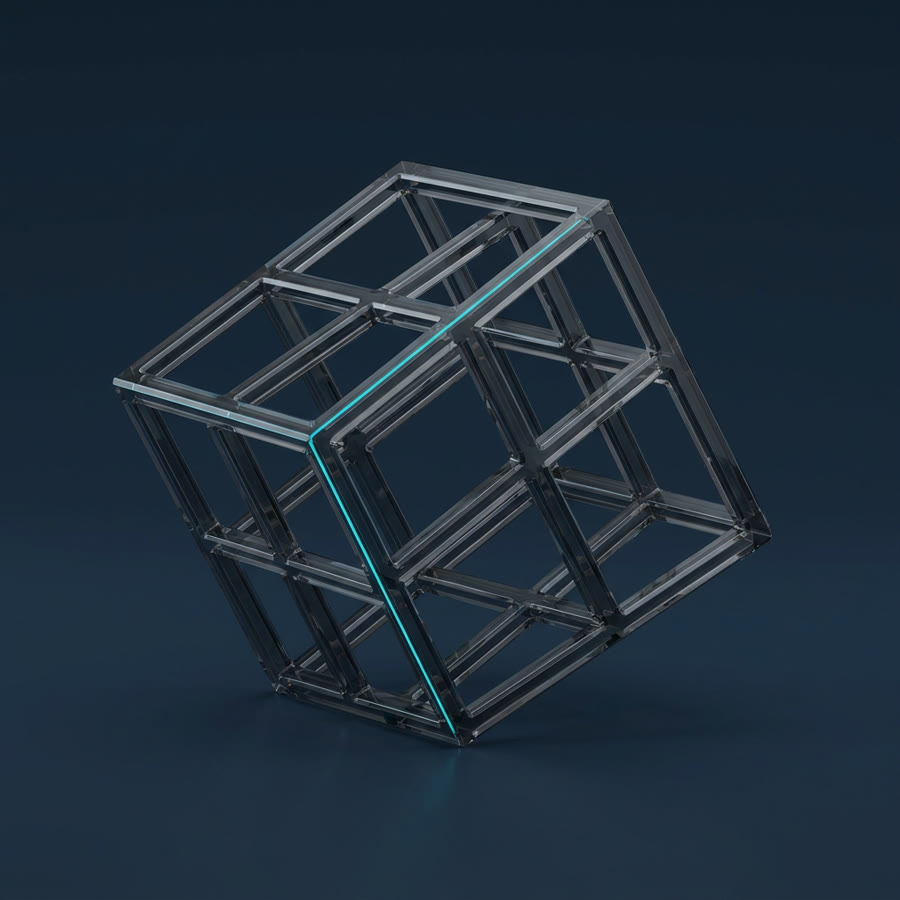 Ein offener Gitterwürfel aus Glas mit einer cyan beleuchteten Kante