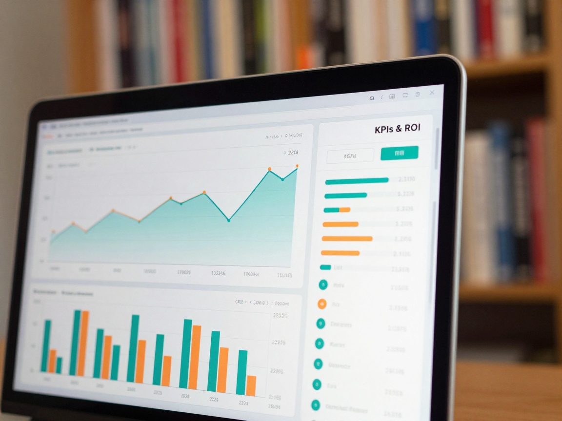 Close‑up of a laptop screen displaying an analytics dashboard with teal and orange line graphs, bar charts, and a heat map overlay, surrounded by a blurred bookshelf of marketing books.