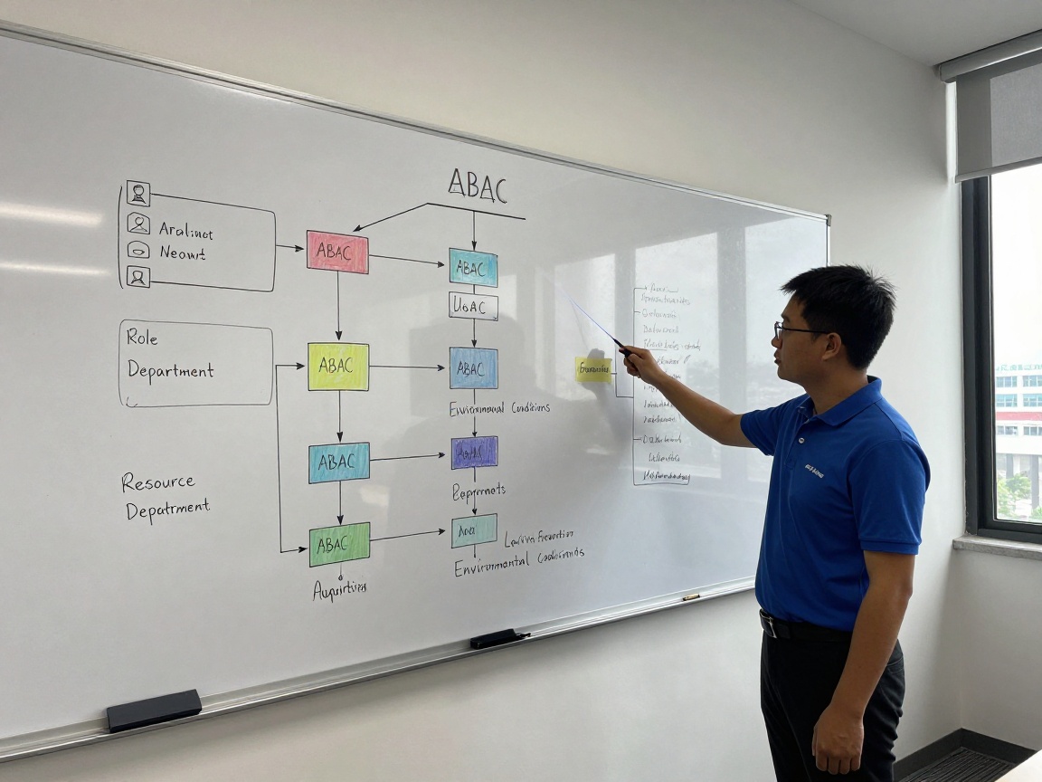 Whiteboard with detailed ABAC flowchart; black marker lines, color‑coded nodes for user attributes, resources, environment; security engineer in blue polo pointing at board with laser pointer under natural daylight.