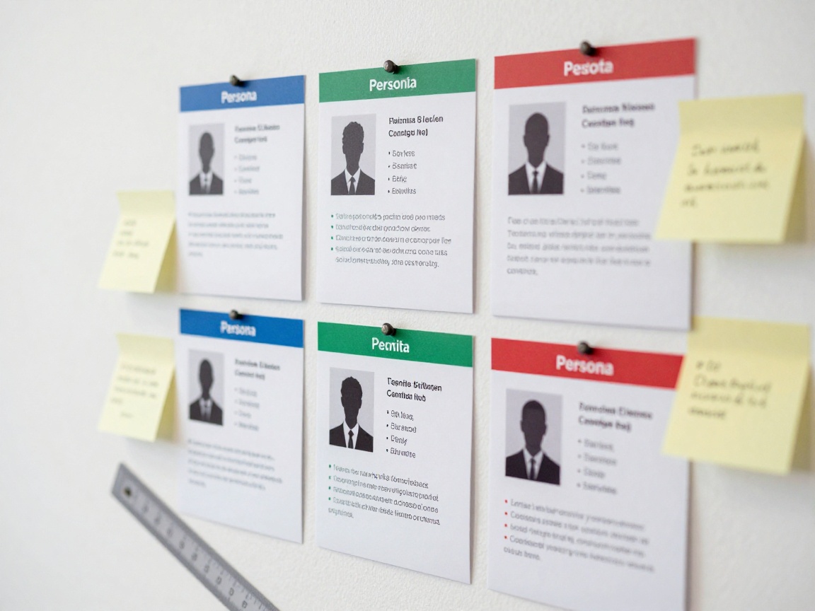 Close-up of a laminated persona board pinned to a white wall, featuring color-coded cards (blue, green, red) with silhouette photos, key demographics, pain points, and content preferences; scattered sticky notes and a ruler add analytical detail.
