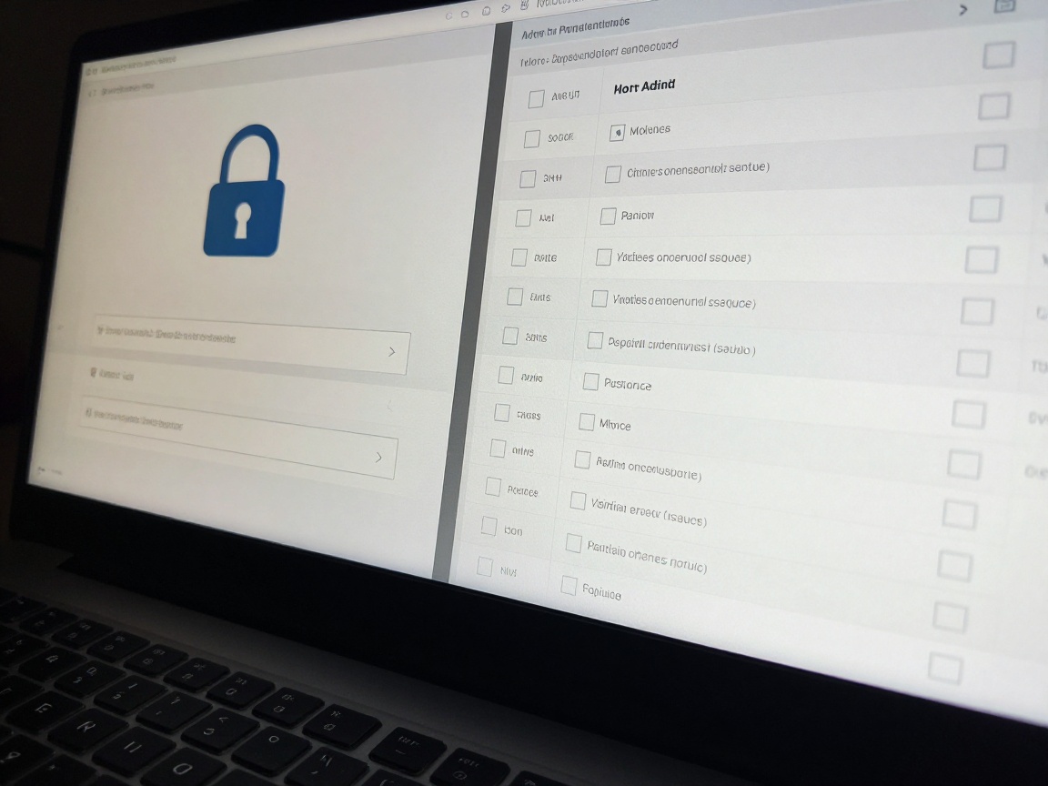 Close-up of a dual-panel interface: left panel shows a lock icon with user credential fields, right panel displays a permission matrix with checkboxes for roles and resources, all rendered with realistic textures and ambient LED backlighting.