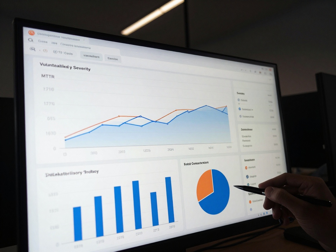 Close-up of a monitor showing an automated vulnerability report with bar graph, line chart and pie chart, illuminated by ambient LED strip lighting in a dark office.