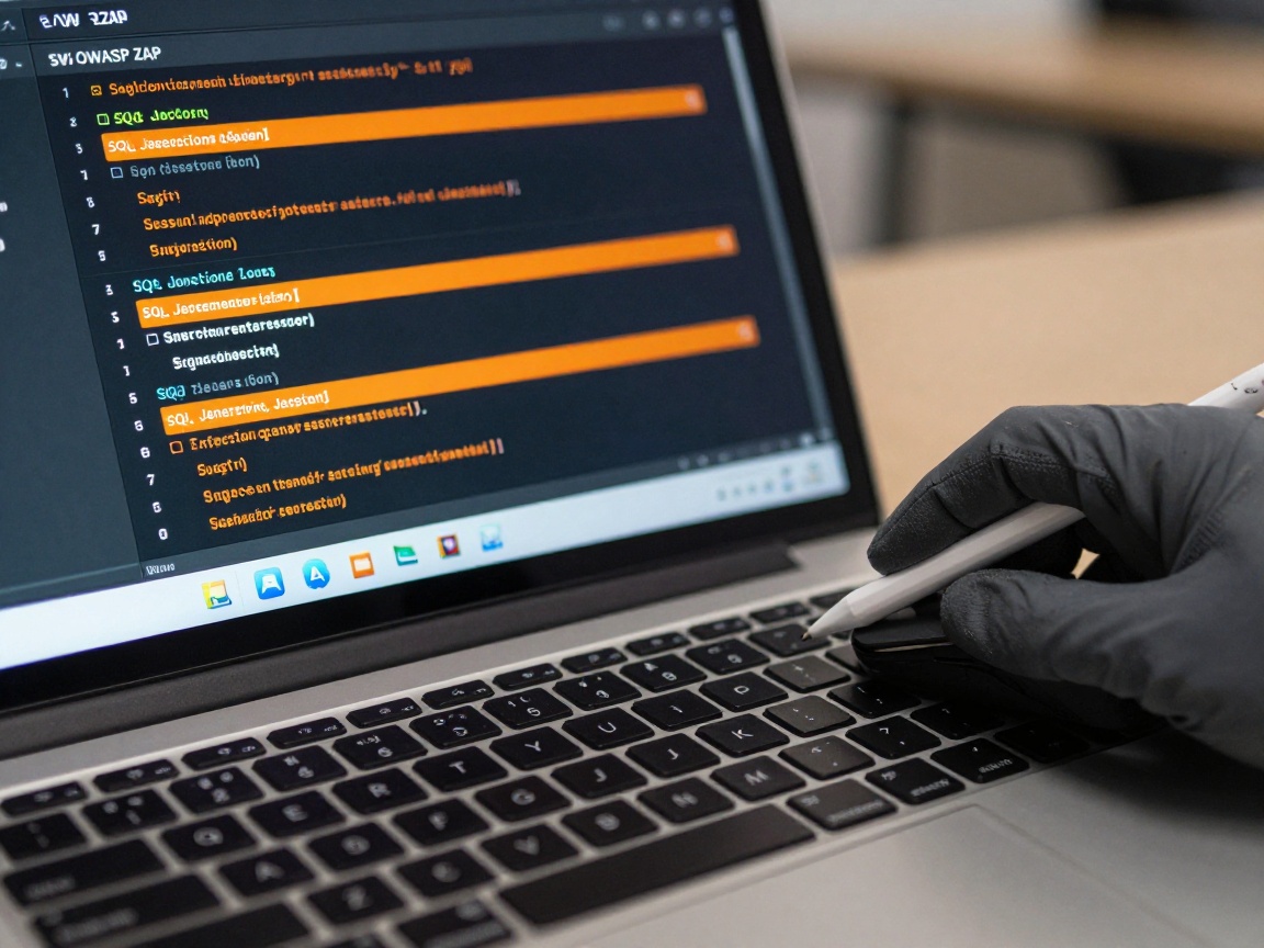 Close‑up of a laptop screen displaying the OWASP ZAP interface in dark theme, bright orange alerts for SQL injection points; a gray‑gloved hand holds a stylus over the mouse button.