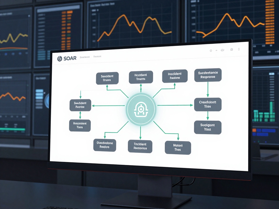 Medium shot of a curved monitor displaying an interactive SOAR console flowchart with muted gray nodes, green connectors, and a central AI icon emitting white light; background shows glass panels with dark blue and neon orange network traffic graphs.
