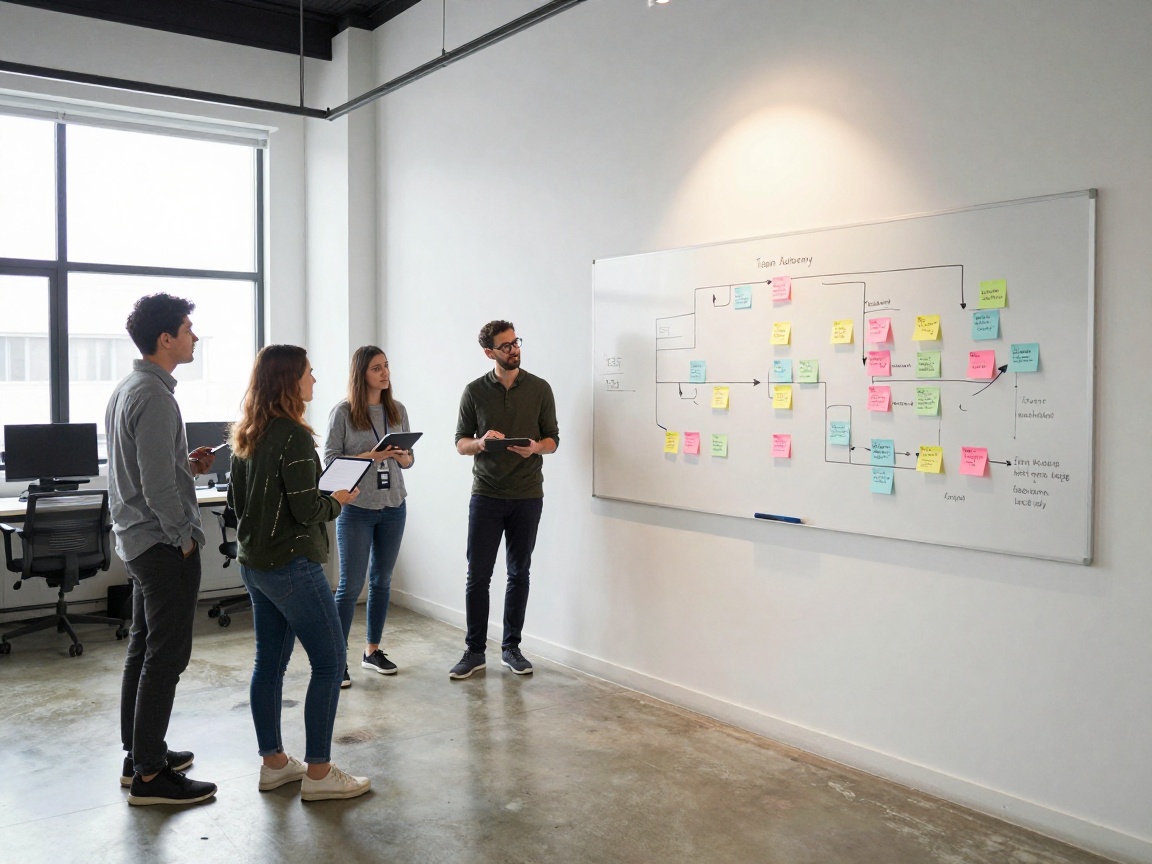 Wide angle of an open workspace where a Scrum Master stands beside a whiteboard filled with flowcharts and post‑its in pastel colors, spotlighting a sticky note labeled ‘Team Autonomy’, while three developers and one designer discuss animatedly around polished concrete floor.