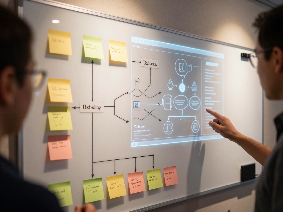 Detailed whiteboard scene featuring colorful sticky notes outlining user journey maps, micro-interaction icons, and AI concepts, overlaid with a holographic AR interface projection under warm spotlights.