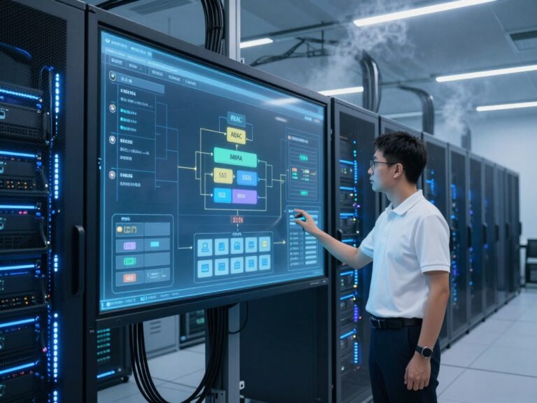 A high‑resolution shot of a data center control room with blue LED lighting, server racks, and a security engineer in a white polo pointing to a wall display showing access control diagrams.