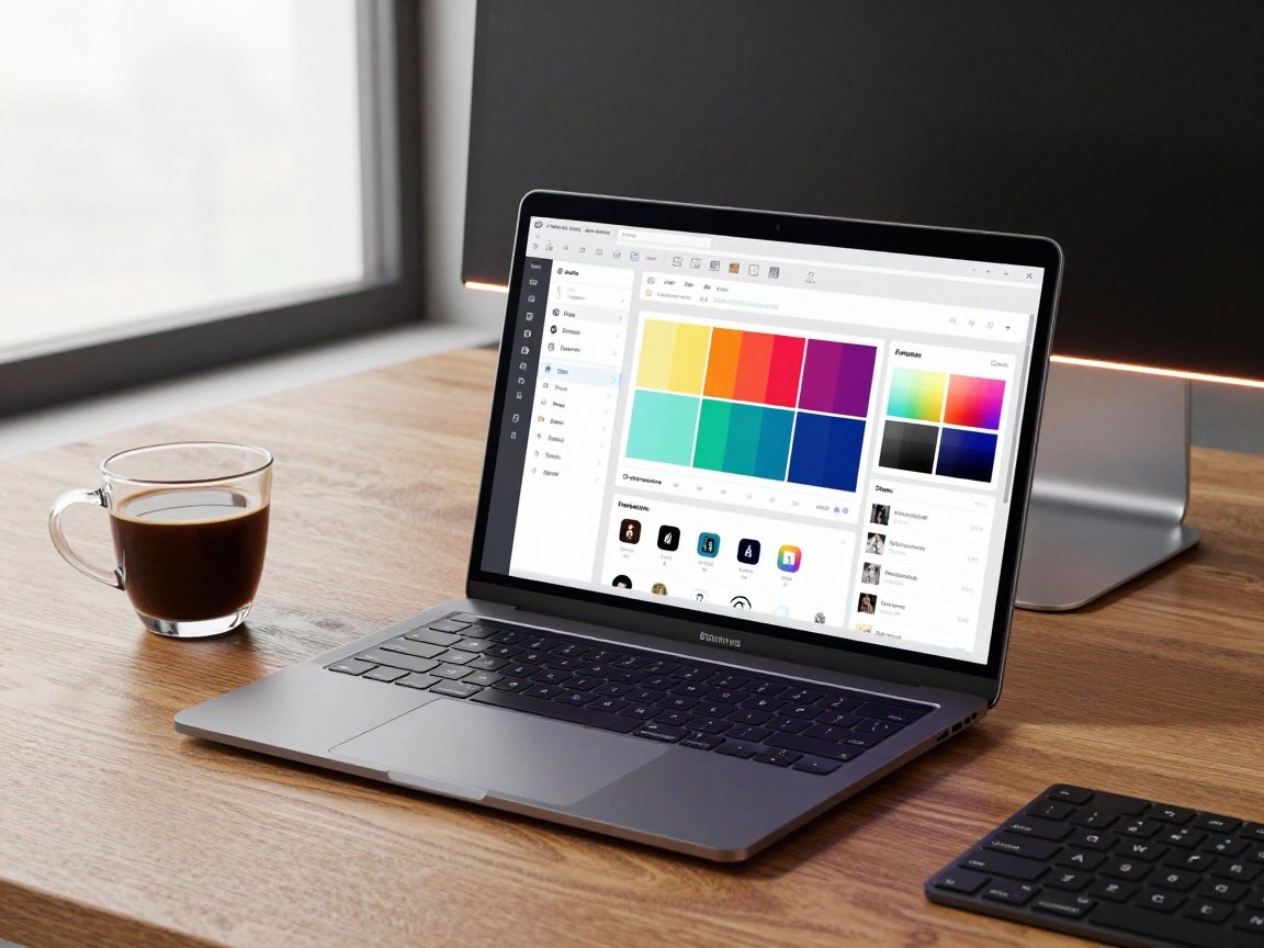 Photorealistic studio shot of a matte black laptop open to a vibrant Figma interface showing a mobile app prototype, with a glass coffee mug and ergonomic keyboard on a wood desk under diffused daylight.