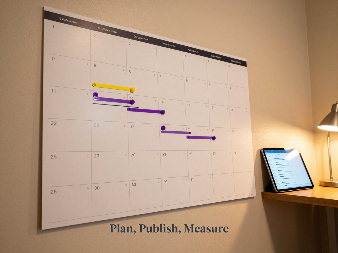 Wide‑angle view of a wall calendar board with colored markers for blogs and webinars, beside a tablet showing a Gantt chart under warm amber desk lamp light.
