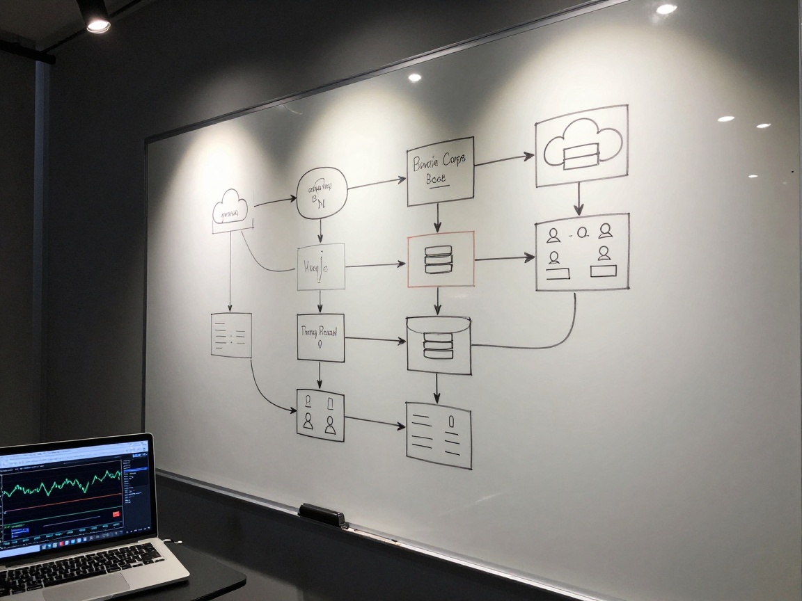 An auditor sketches a data flow diagram on a whiteboard with colored markers, showing cloud icons, databases, and user interfaces connected by arrows; a laptop displays a dark‑mode network traffic graph.