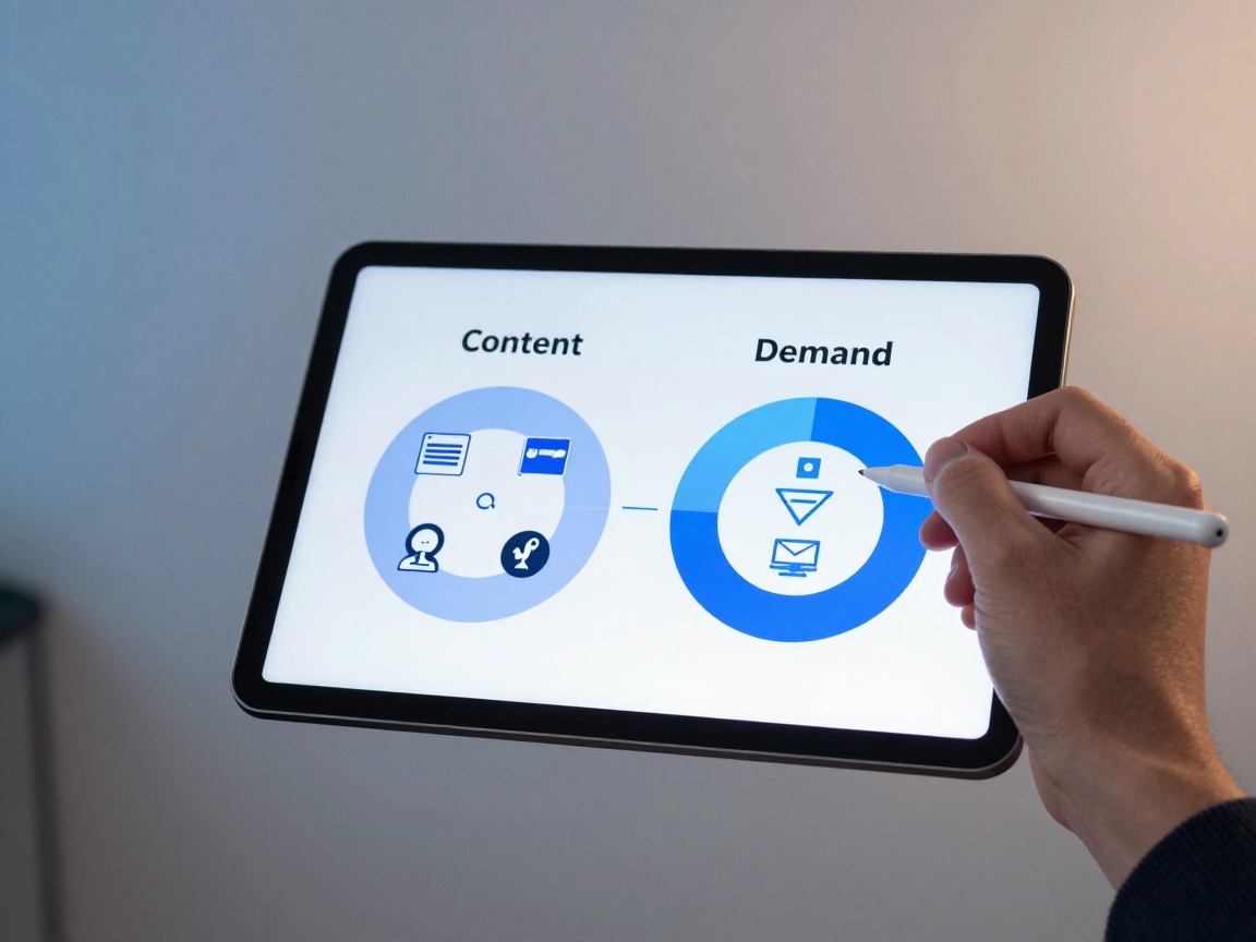 Close‑up of a hand holding a stylus over a digital tablet showing an infographic with two interconnected circles labeled "Content" and "Demand", featuring icons for blogs, videos, podcasts, lead magnets, email funnels, and webinars.