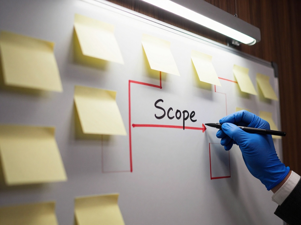 Close‑up of a whiteboard covered with sticky notes, flowcharts, and red marker milestones; a hand in a blue glove writes a scope statement under LED light.