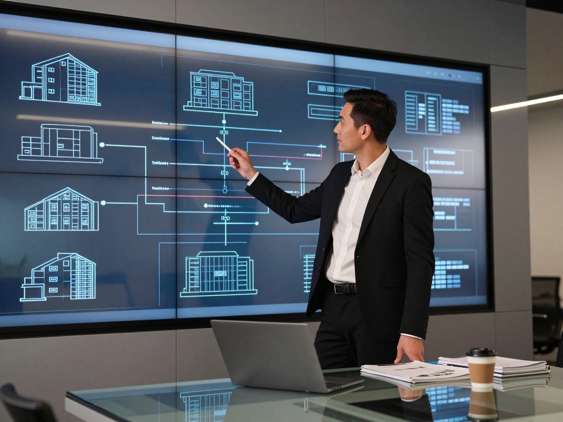 Photorealistic image of a modern project manager in a white shirt and black blazer pointing at an interactive digital wall with layered architecture diagrams, illuminated by blue LED lighting.