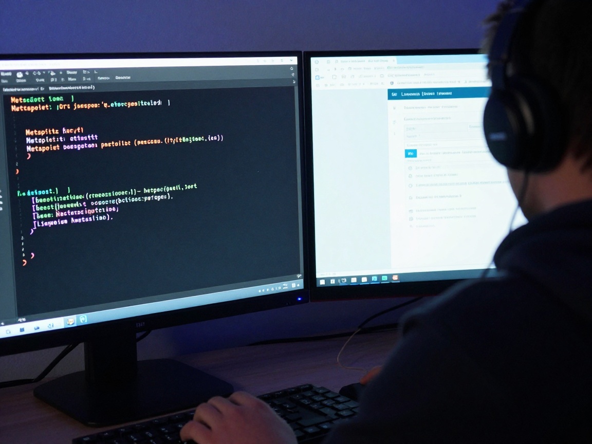 Close‑up of a dual‑monitor setup: one screen shows a Metasploit terminal crafting a payload, the other displays a browser with a vulnerable web form; blue LED strips illuminate the monitors and a dark hoodie sits on a chair.
