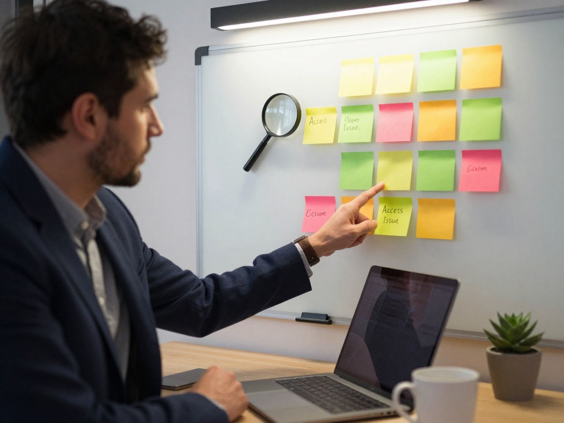 Close‑up of a Scrum Master’s desk featuring a cluttered whiteboard with colorful sticky notes, a magnifying glass on the board, and a navy‑blazer wearing Scrum Master pointing to a note labeled ‘Access Issue’. The desk holds a matte black laptop, ceramic mug, and potted succulent under soft LED lighting.