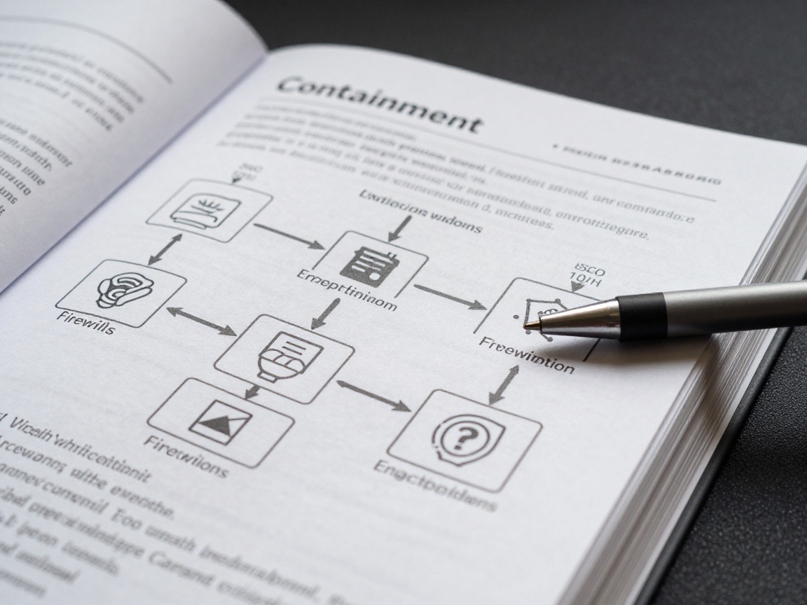 Close‑up of a laminated playbook page titled 'Containment', featuring a detailed flowchart with icons for firewalls, encryption, and notification steps; a stylus rests on the corner.