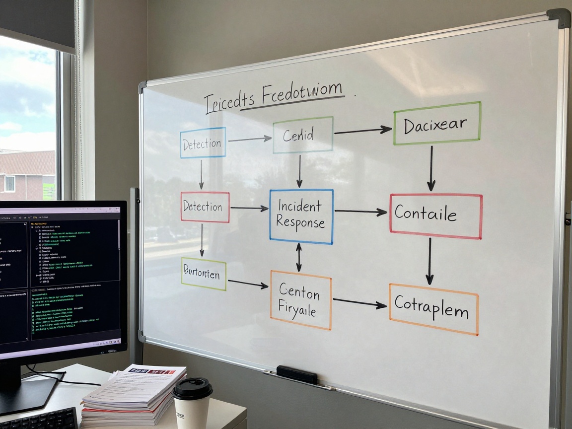 Close-up of a whiteboard showing a detailed incident response workflow diagram with colored markers outlining steps from detection to containment, positioned in front of a monitor displaying live IDPS alerts under natural daylight.