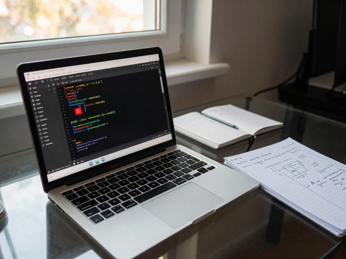 Medium shot of a developer’s desk with an open laptop showing highlighted PHP code and a red marker pointing to a potential XSS vulnerability, beside handwritten notes and flowcharts under natural daylight.