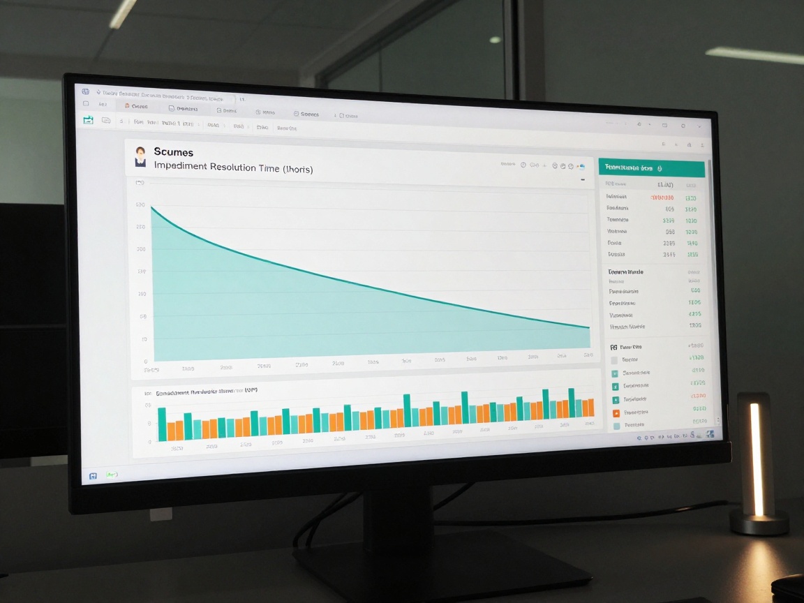High-resolution monitor displaying a Scrum metrics dashboard with burndown chart, velocity bar graph in teal and orange, KPI table for Impediment Resolution Time and Team Morale score, set on matte black desk with LED lamp lighting.