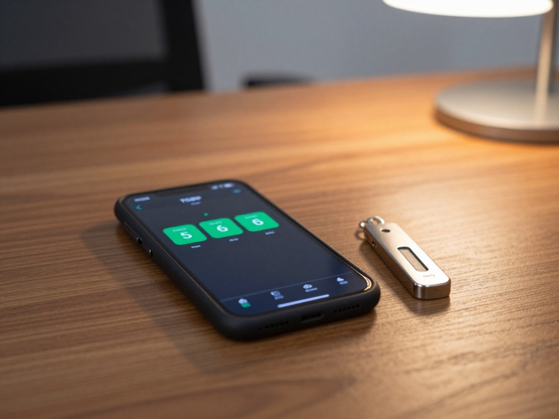 A smartphone screen shows a bright green TOTP app countdown timer beside a shiny YubiKey token on a polished wooden desk, illuminated by warm lamp light in a professional office setting.