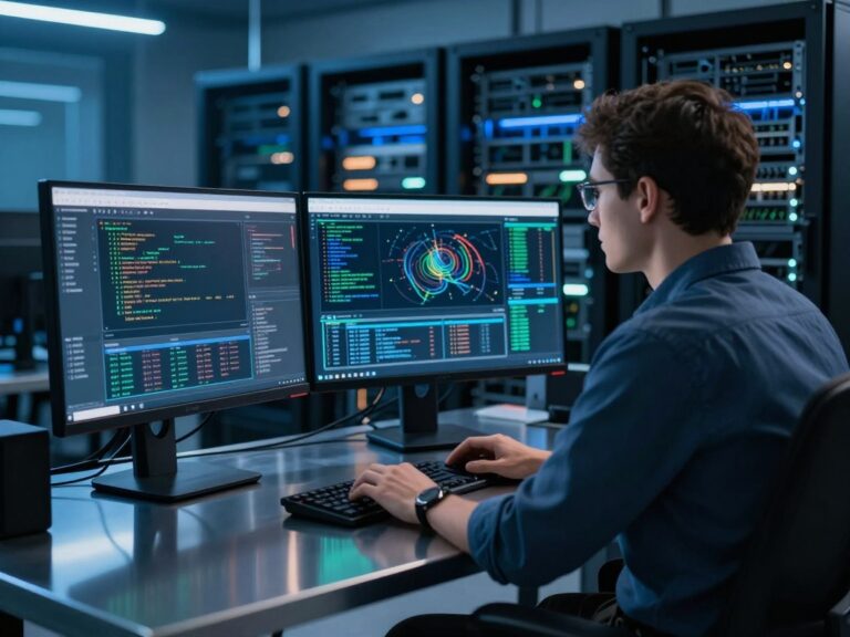 A focused engineer in a modern data center sits at a dual‑monitor workstation displaying real‑time network traffic dashboards, threat heat maps, and intrusion detection logs, with cool blue LED lighting illuminating the polished steel desk.