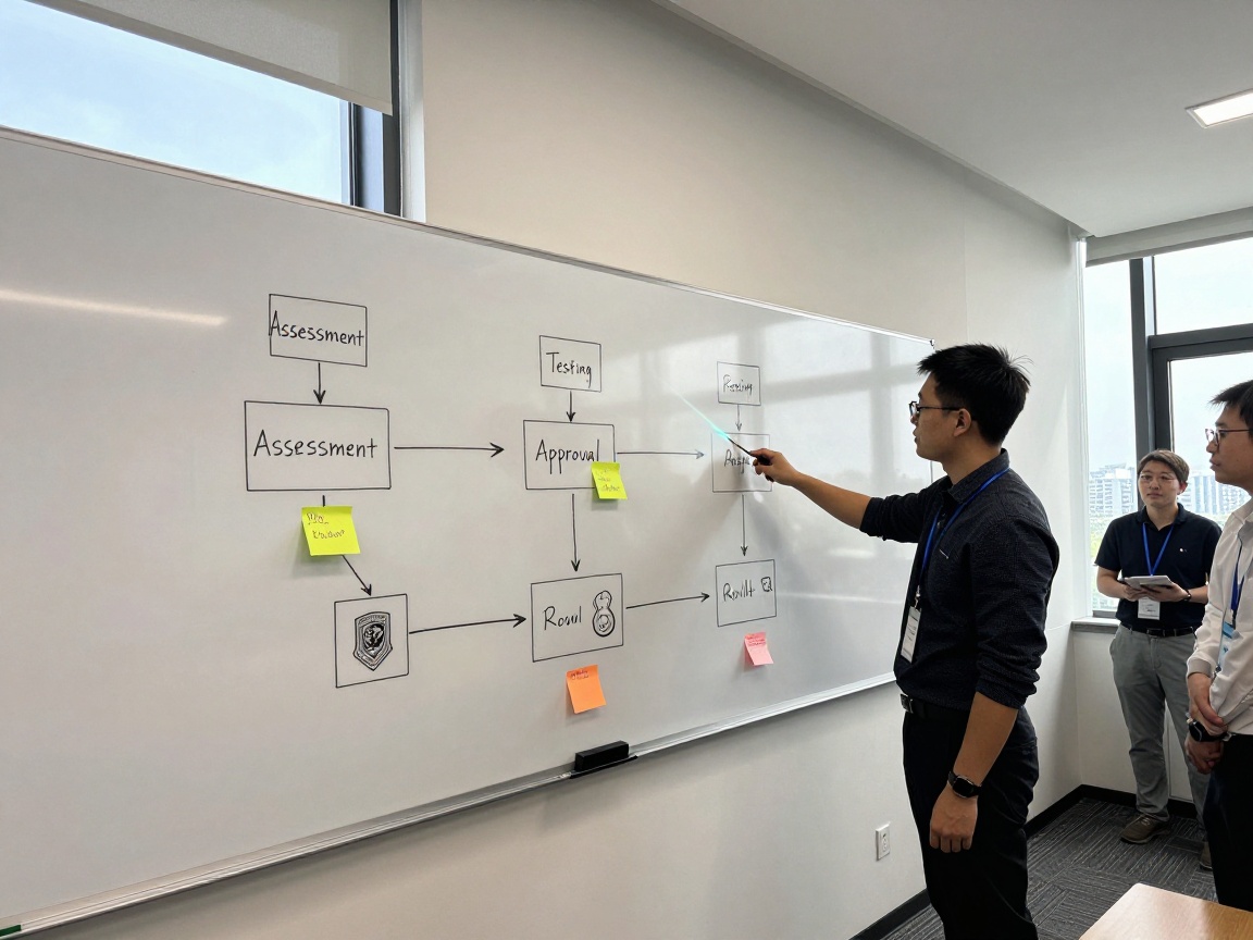 Whiteboard full of flowchart diagrams for patch deployment stages—assessment, testing, approval, rollout—with bright sticky notes and a security analyst pointing at the board using a laser pointer in a well-lit modern office.