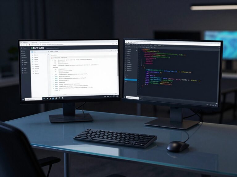 A professional penetration tester sits at a dual‑monitor workstation in a studio setting, illuminated by soft blue LED strip lighting; one screen shows a Burp Suite vulnerability report, the other displays syntax‑highlighted JavaScript code.