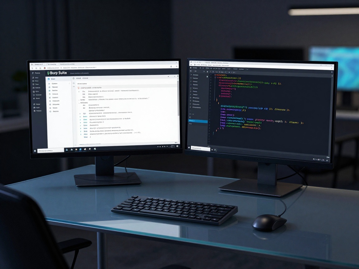 A professional penetration tester sits at a dual‑monitor workstation in a studio setting, illuminated by soft blue LED strip lighting; one screen shows a Burp Suite vulnerability report, the other displays syntax‑highlighted JavaScript code.