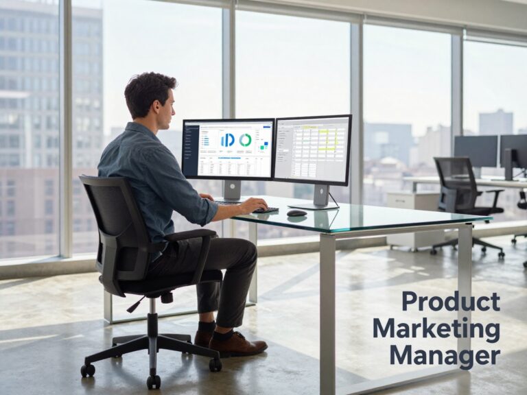 A mid‑30s product marketing manager sits at a sleek glass desk with dual monitors showing analytics dashboards and content calendars, in a bright open office with city skyline reflections.