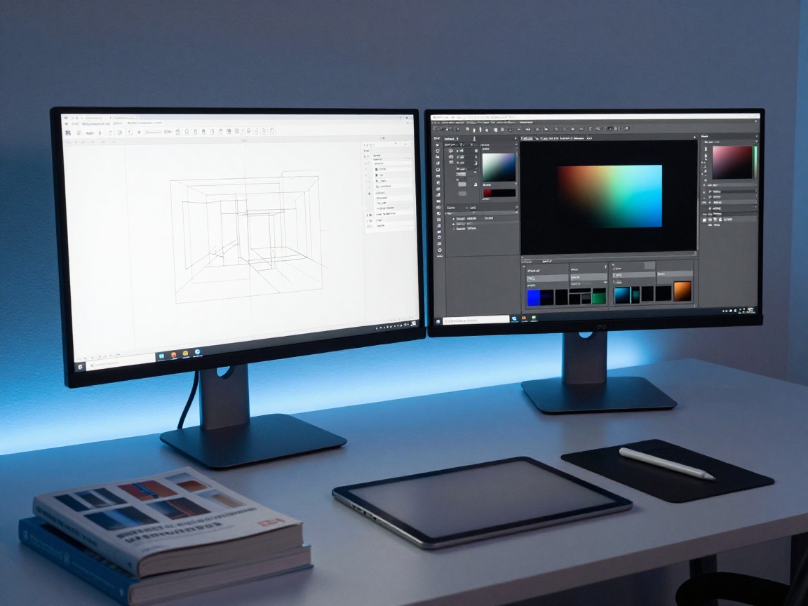 A wide angle view of a dual‑monitor setup: one screen shows a low‑fidelity wireframe in Sketch, the other displays a high‑fidelity interactive prototype in Figma. A stylus rests on a matte tablet beside design reference books, with soft blue LED strip lighting illuminating the clean desk.