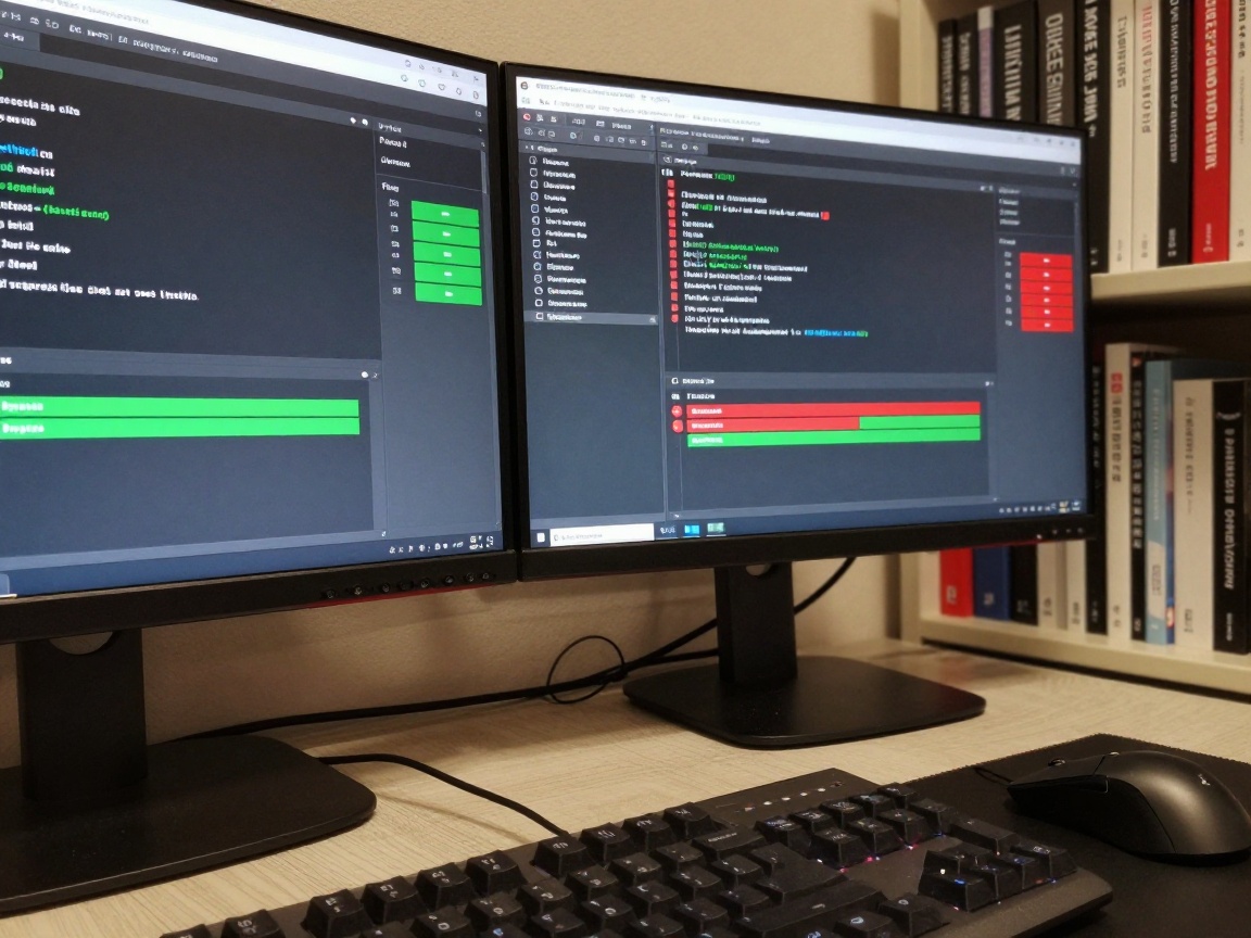 Close-up of dual monitors displaying live automated test scripts with green pass icons and red fail alerts, mounted on a matte black stand; a backlit mechanical keyboard and high‑resolution mouse beside them, with a soft-focus bookshelf in the background.