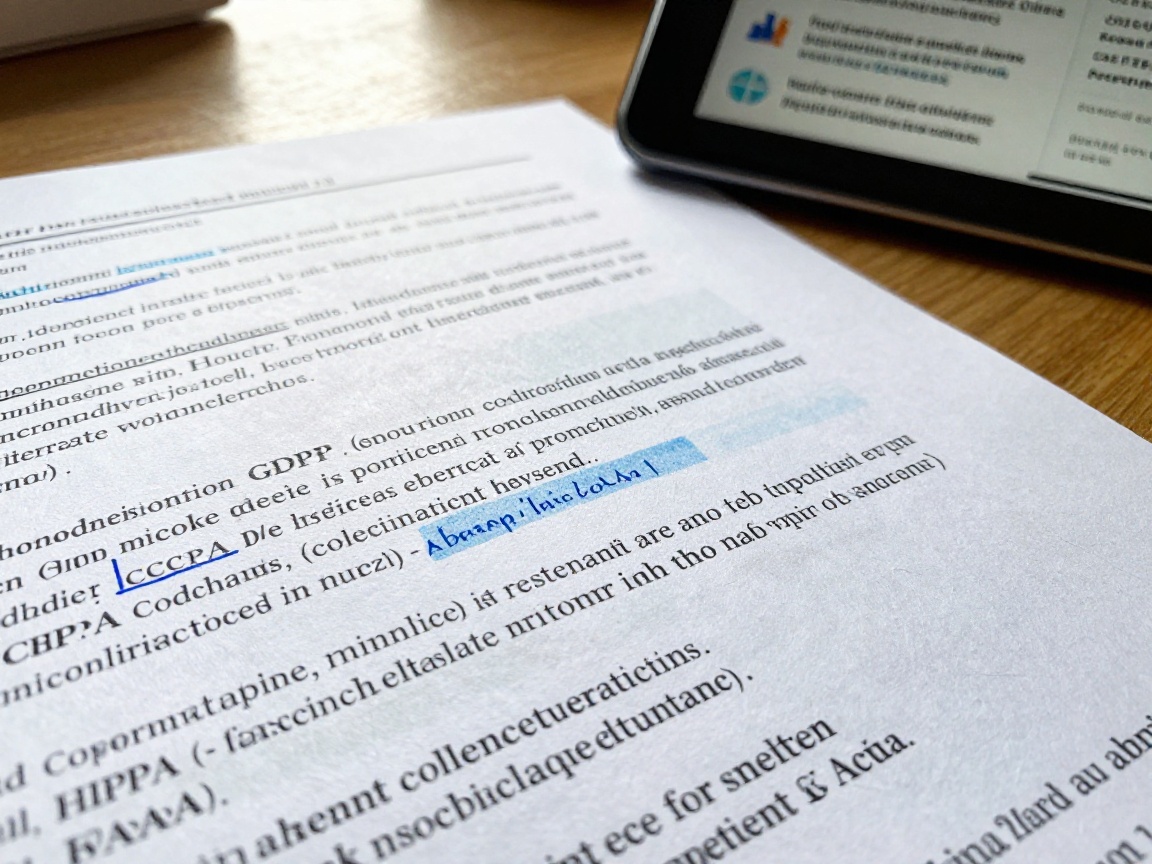 Close‑up of a laminated policy document on a wooden desk, showing blue ink annotations highlighting GDPR, CCPA, and HIPAA sections, with paper fibers visible under natural light.