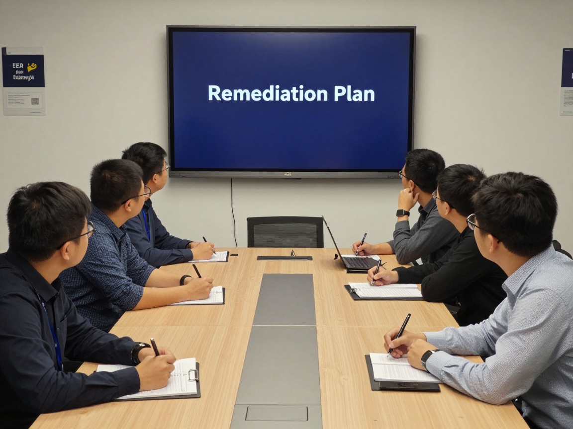 Wide‑angle view of a penetration tester speaking to developers around a conference table; a PowerPoint slide titled "Remediation Plan" is displayed on a dark blue screen, while participants take notes on laminated sheets.