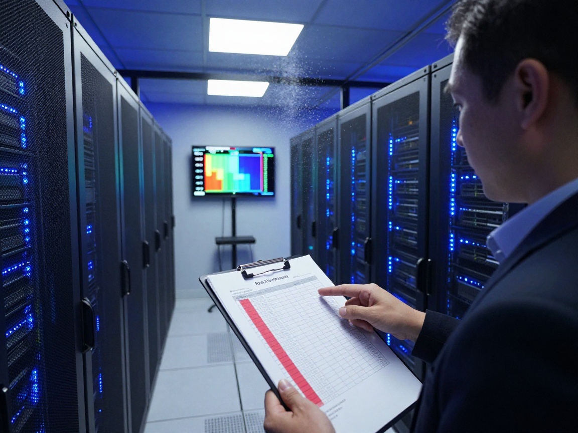 Wide angle view of a server room with humming racks under blue LED strips; an auditor holds a clipboard pointing at red high‑risk cells while a wall monitor displays a threat heatmap.