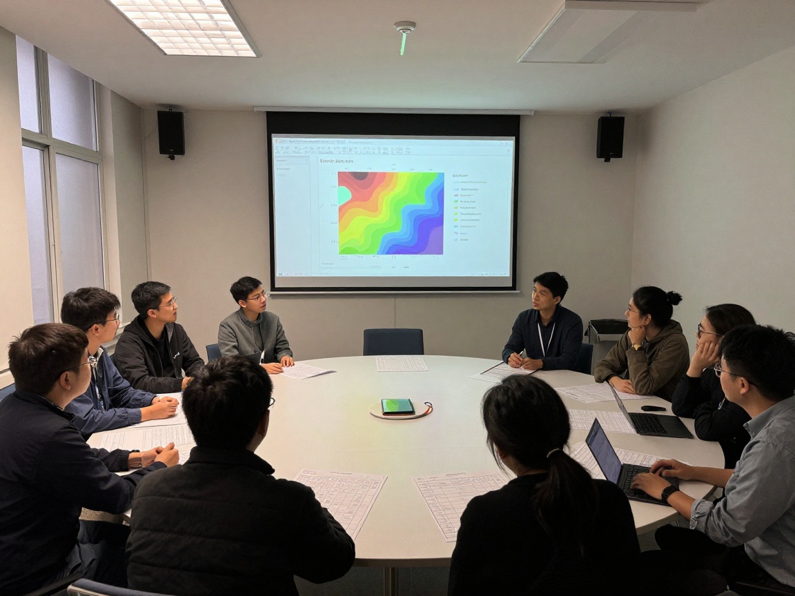 Wide-angle view of an agile workshop with team members around a circular table covered in risk assessment matrices, a digital projector displaying a color-coded heat map, natural daylight filtering through frosted glass, creating a calm focused atmosphere.