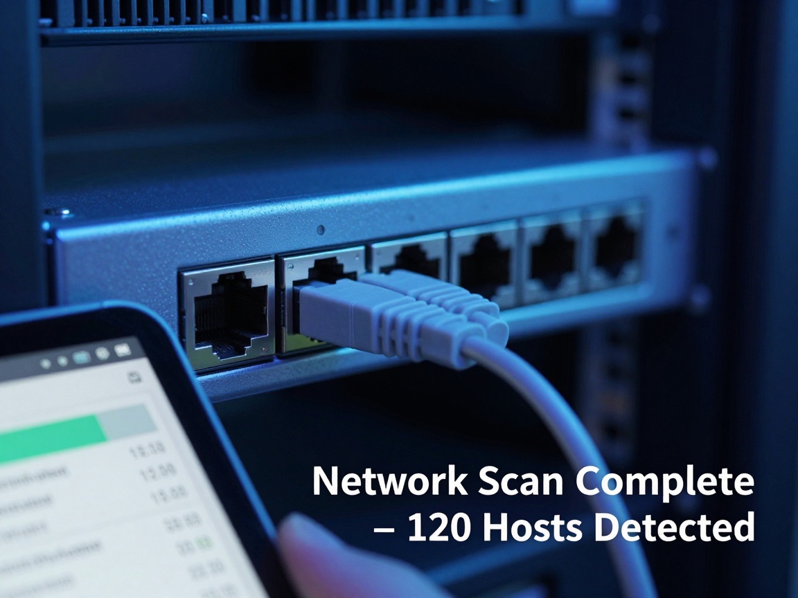 Close-up of a network switch port with cable plugged in, surrounded by server racks; handheld tablet shows scan progress and IP list, cool blue lighting.
