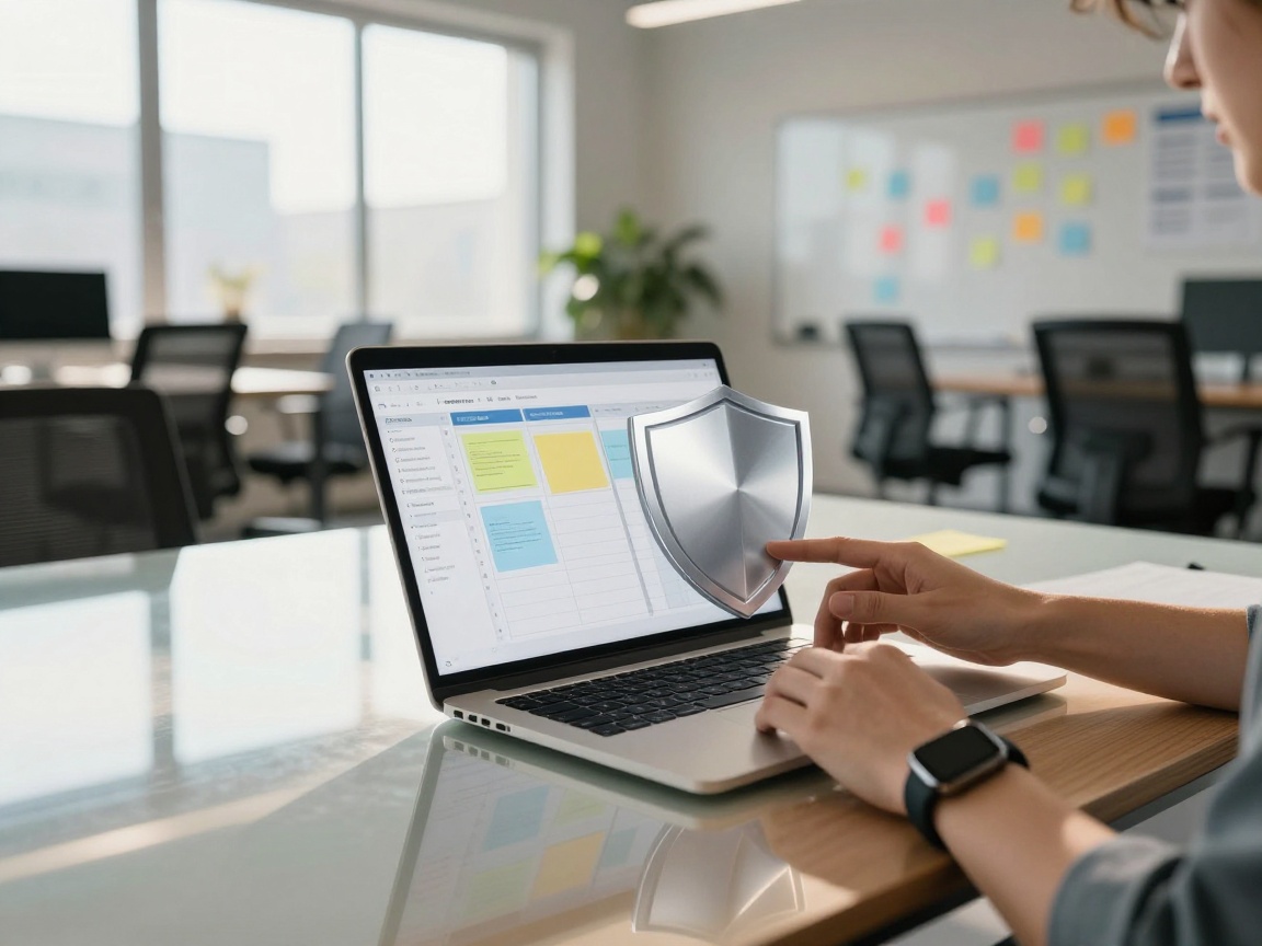 A sleek office scene in soft morning light; a laptop displays a Scrum board with sticky notes and a digital timer while hands place a silver shield icon over it, symbolizing protection.