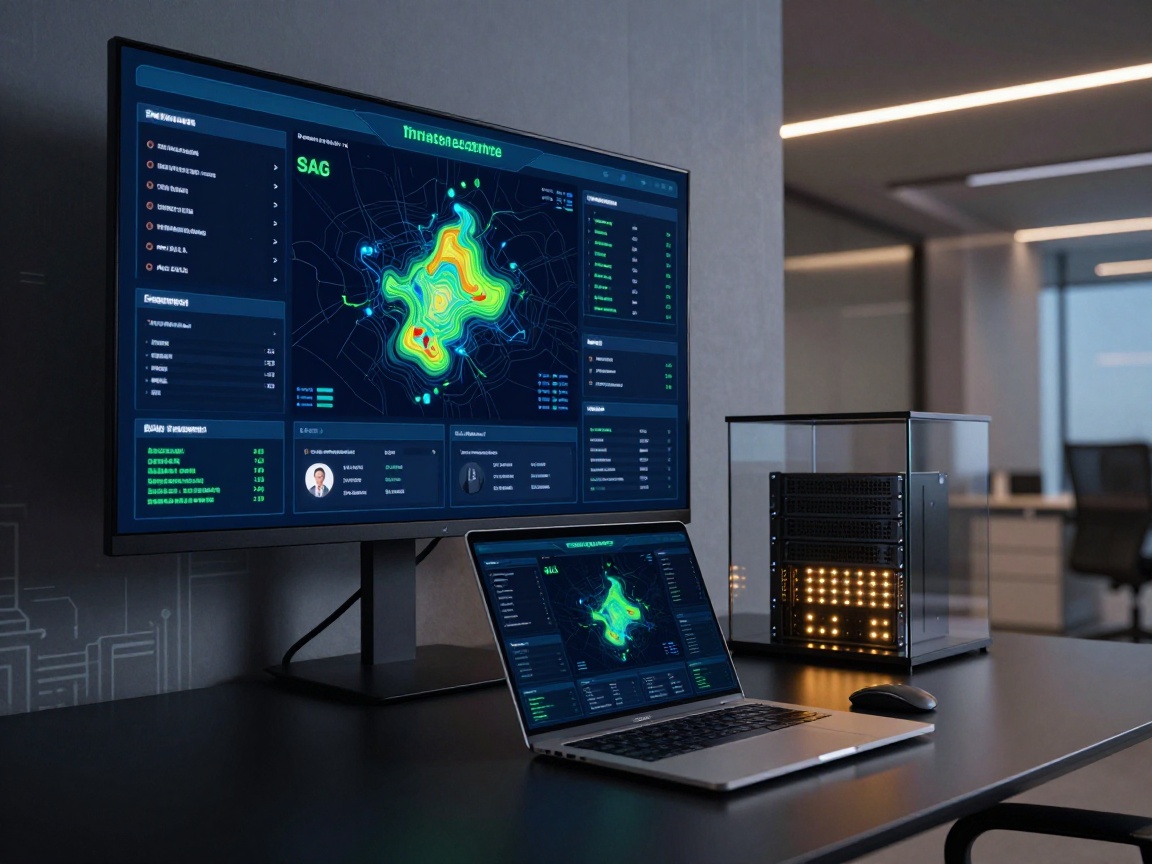 Photorealistic studio shot of a security architect’s command center featuring a wall‑mounted monitor with dynamic threat intelligence dashboard, a matte black desk with laptop and SIEM interface, an AI server rack emitting amber LEDs, and ambient LED strip lighting in a tense yet professional atmosphere.