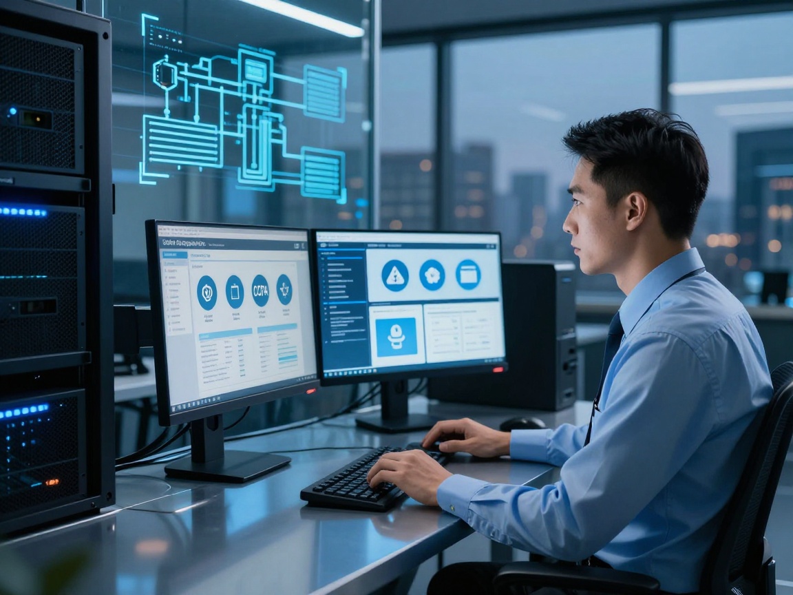 A security auditor sits in a studio setting with dual monitors displaying compliance dashboards, surrounded by server racks and network diagrams on a glass wall, illuminated by cool blue LED lighting.