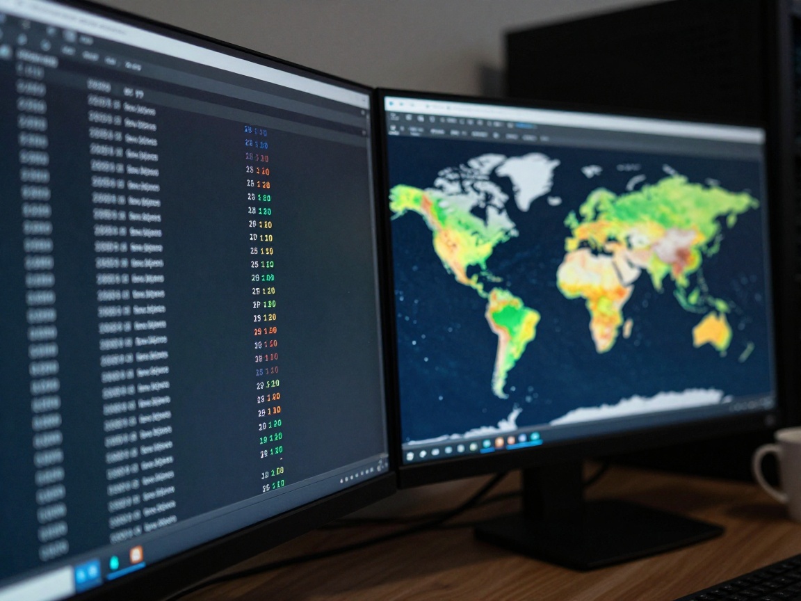 Close-up of two matte black monitors showing real-time authentication logs on one screen and a geographic heat map of failed logins on the other, with ambient office lighting and a blurred server rack in the background.
