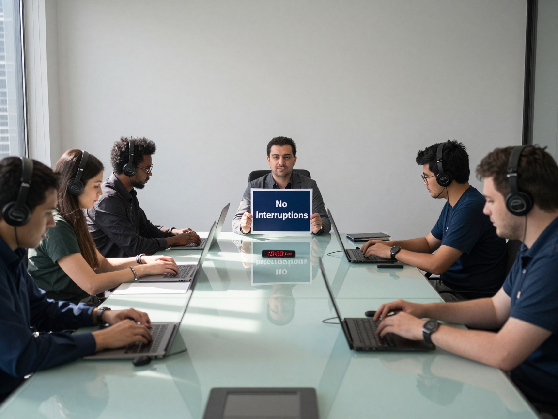 Medium shot of a conference room with a long glass table; the Scrum Master sits at the head holding a laminated "No Interruptions" sign, while team members work quietly on laptops with headphones, under natural skylight light.