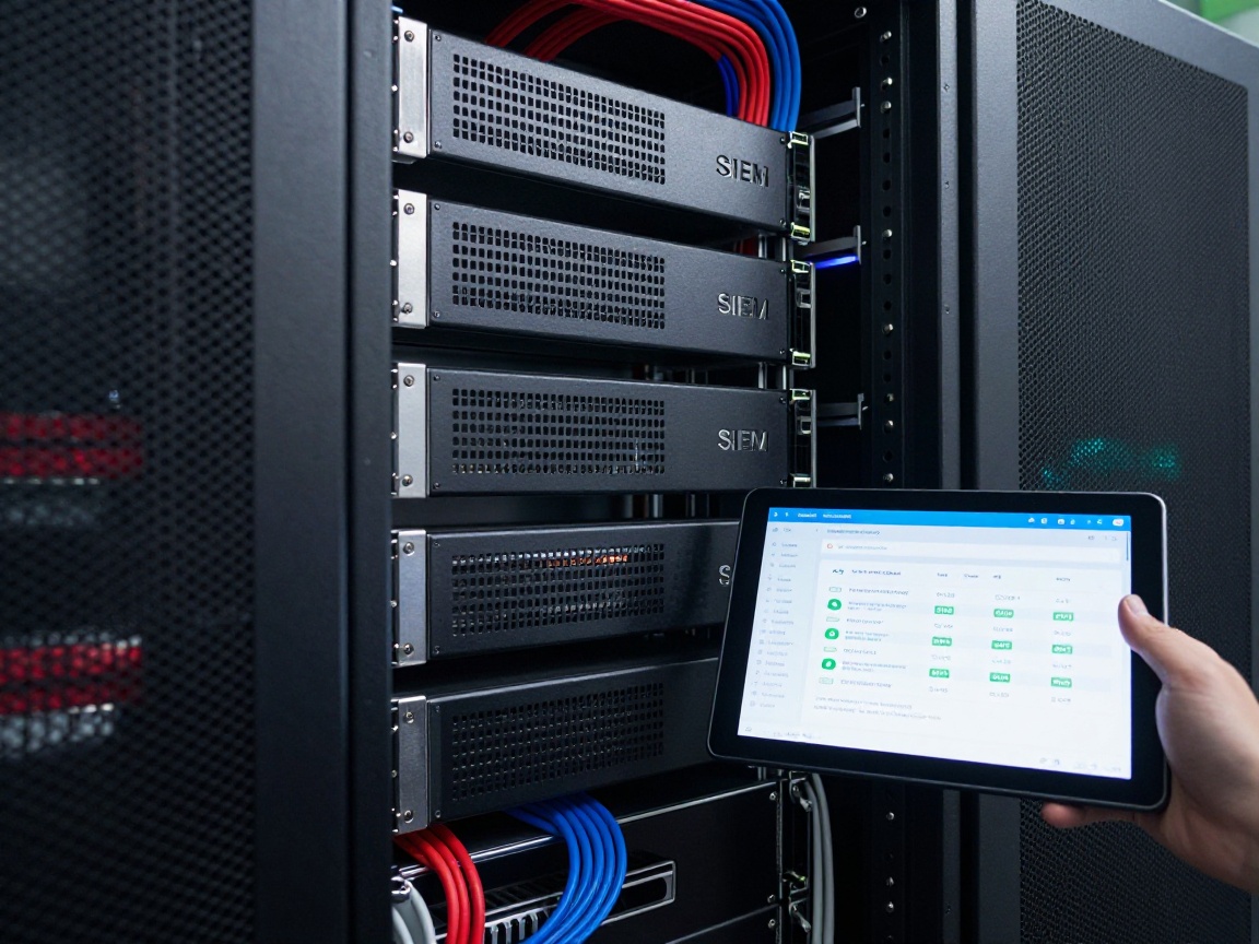 Close‑up of a sleek silver server rack filled with compact high‑density servers labeled 'SIEM', surrounded by color‑coded cable panels and a handheld tablet showing a real‑time correlation dashboard, illuminated by subtle LED glow.