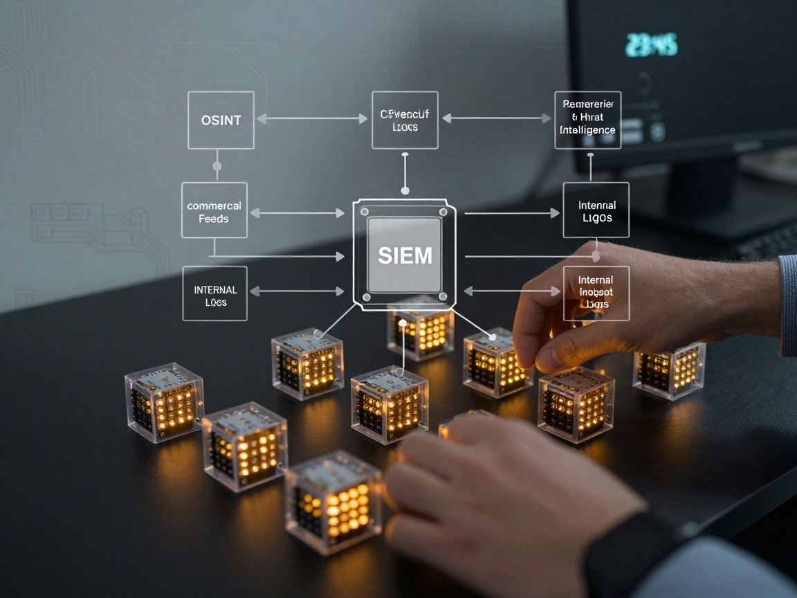 Hands of a security architect arranging translucent threat intelligence cubes with amber LEDs on a matte black workbench, overlaid with a schematic data flow diagram into a SIEM system.