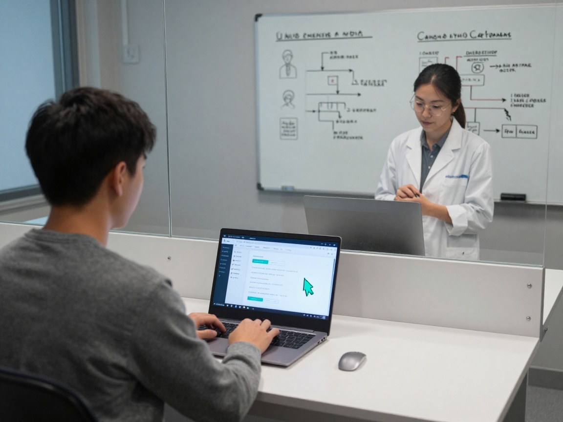 A participant sits at a desk in a modern usability lab, focused on a laptop screen displaying a live web app prototype; a researcher observes through one‑way glass while a whiteboard behind lists user personas and task flows.