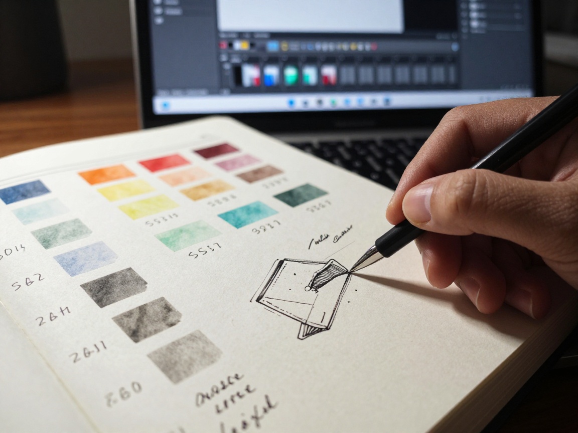 Close‑up of a designer’s hand sketching precise color swatches, hex codes, and typography notes on a textured sketchbook page, illuminated by high‑contrast light from the left.