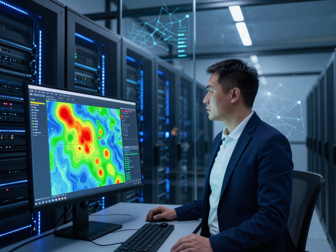 Modern data center at dusk with blue LED strip lighting; a security analyst in white polo and navy blazer stands beside a wall-mounted monitor showing a dynamic vulnerability heat map, while rows of humming servers glow under cool overhead LEDs.