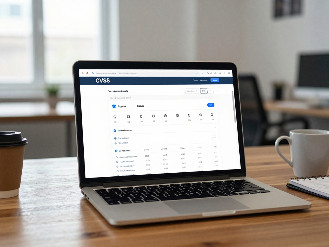 Medium shot of a laptop on a polished wooden desk, screen shows a detailed web application vulnerability report with CVSS scores, exploit icons, and remediation steps; background is a blurred office with natural light, coffee mug, and notepad.