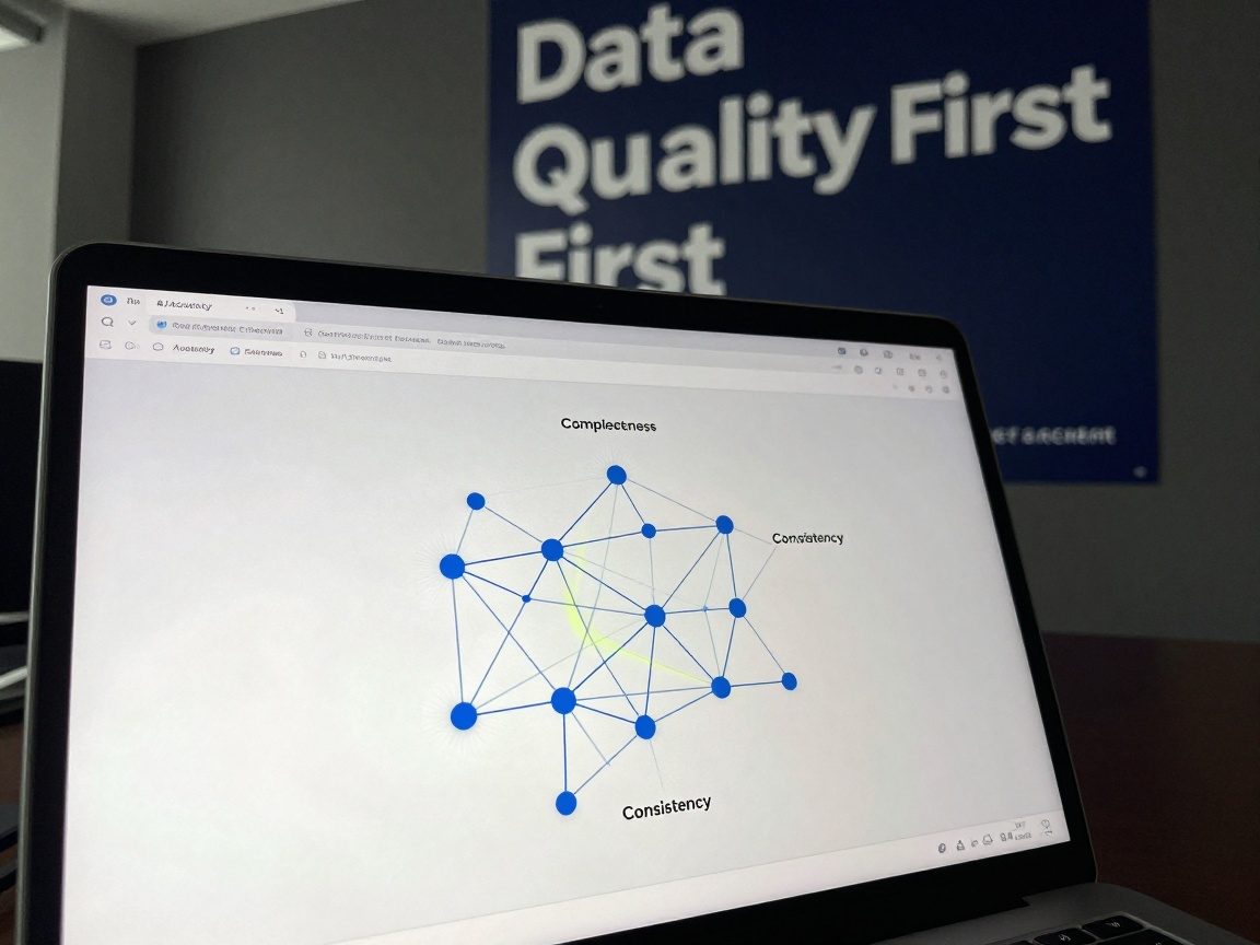 Close‑up of a laptop screen displaying an AI neural network graph labeled Accuracy, Completeness, Consistency, with soft pulsing nodes where data quality thresholds are met; background shows a dark office wall with a large white poster reading ‘Data Quality First’ on navy.