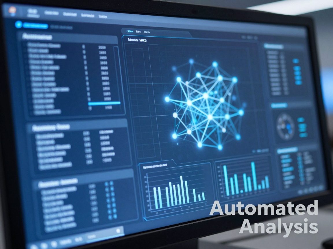 Close‑up of a high‑resolution monitor displaying an animated AI dashboard with translucent panels, real‑time data streams, predictive analytics widgets, and a glowing neural network diagram in cool blue LED lighting.