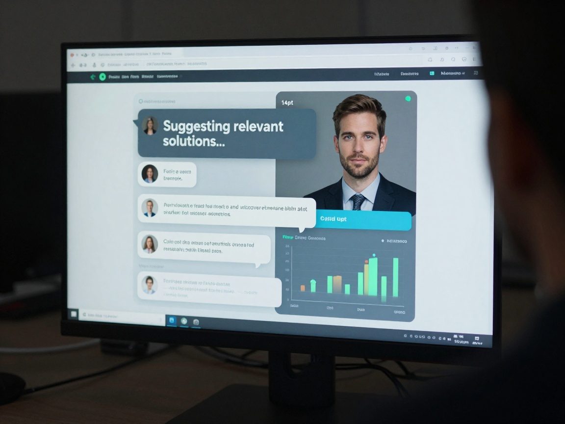 Medium shot of an AI chatbot interface on a large monitor in a dimly lit helpdesk room, showing conversational bubbles and analytics graphs with a glowing screen illuminating the manager’s focused face.